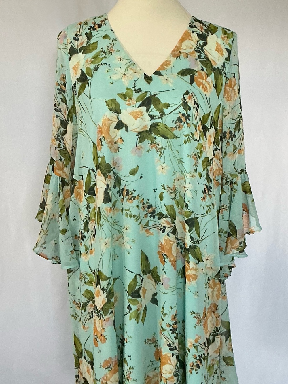 Calvin Klein Aqua Floral Chiffon Bell Sleeve Dress Size 12